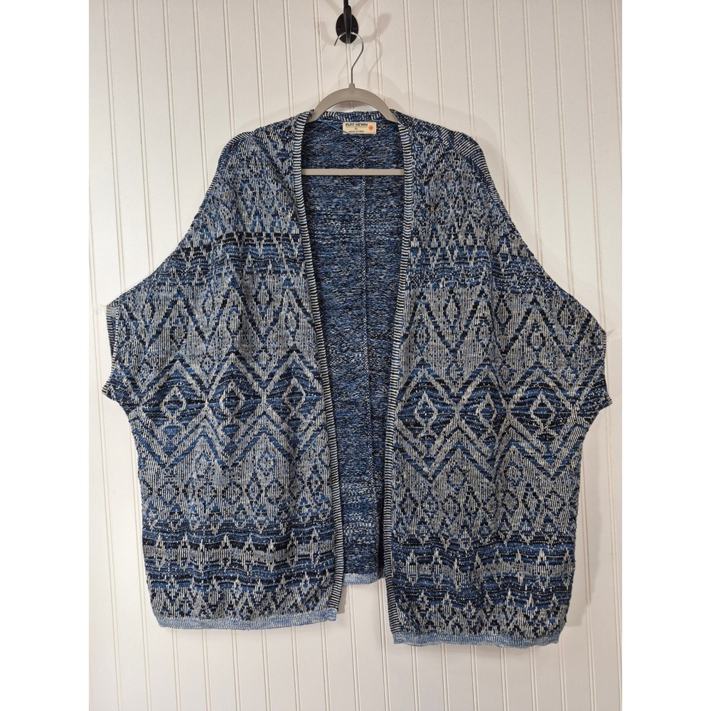 Ruff Hewn Blue Geometric Cotton Knit Open Front Sweater Petite Large Oversized